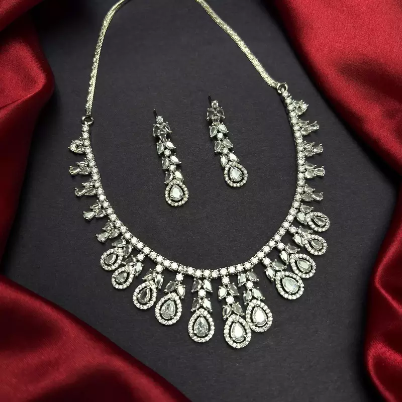 Pear Cut CZ Bridal Necklace Set, Silver Crystal Wedding Jewelry, Teardrop Cubic Zirconia Prom