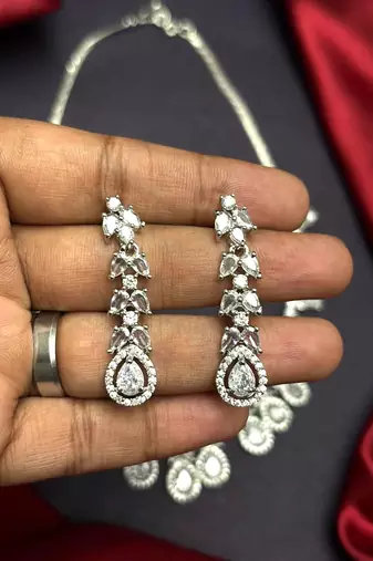 Pear Cut CZ Bridal Necklace Set, Silver Crystal Wedding Jewelry, Teardrop Cubic Zirconia Prom