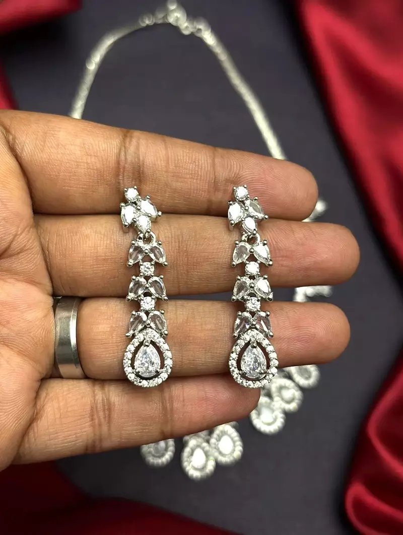 Pear Cut CZ Bridal Necklace Set, Silver Crystal Wedding Jewelry, Teardrop Cubic Zirconia Prom