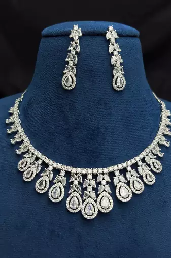 Pear Cut CZ Bridal Necklace Set, Silver Crystal Wedding Jewelry, Teardrop Cubic Zirconia Prom