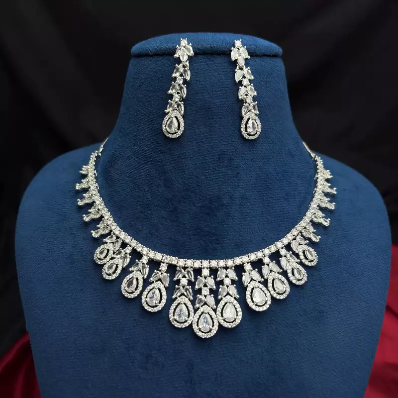 Pear Cut CZ Bridal Necklace Set, Silver Crystal Wedding Jewelry, Teardrop Cubic Zirconia Prom
