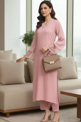 Women Regular Thread Work Silk Crepe Kurta with Trousers