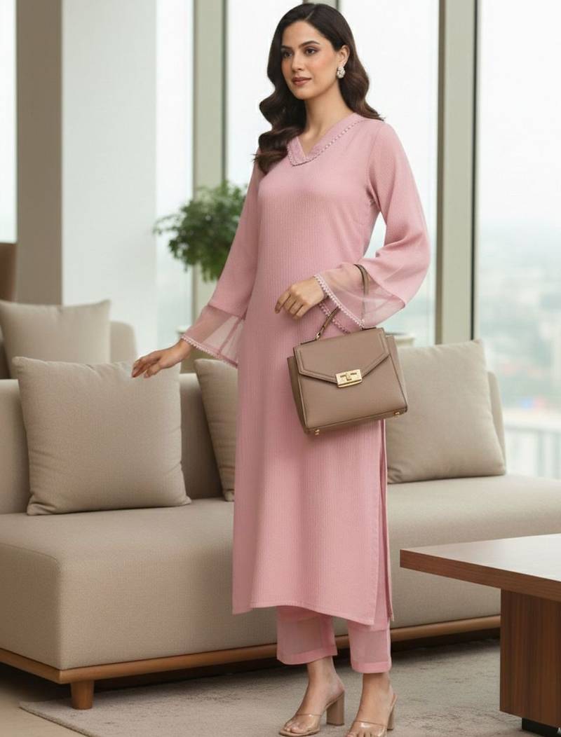 Women Regular Thread Work Silk Crepe Kurta with Trousers