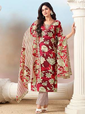 Women Floral Printed Regular Mirror Work Kurta with Trousers & With Dupatta 1
