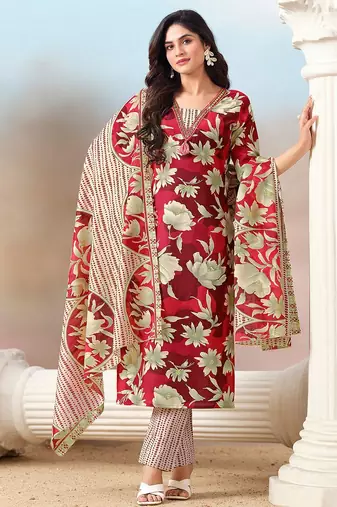 Women Floral Printed Regular Mirror Work Kurta with Trousers & With Dupatta
