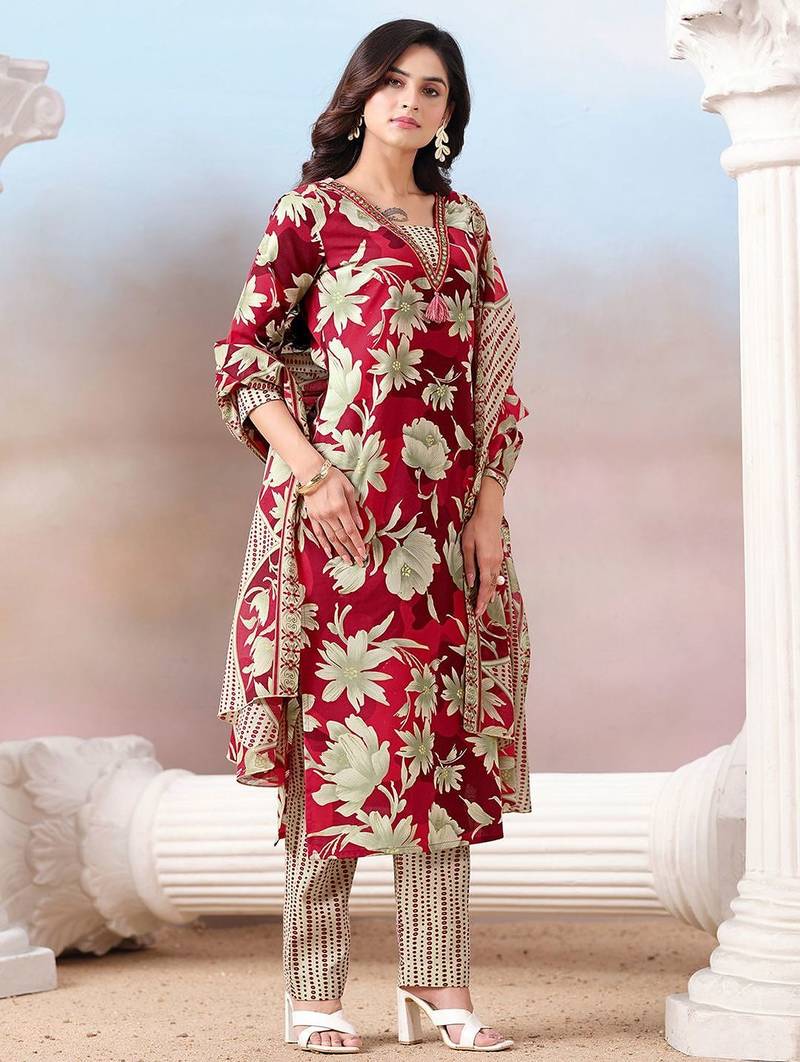Women Floral Printed Regular Mirror Work Kurta with Trousers & With Dupatta