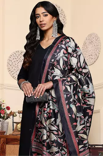 V-Neck Solid Straight Kurta with Trouser & Printed Dupatta