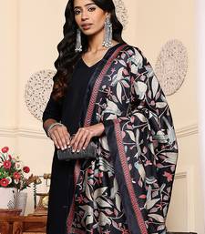 V-Neck Solid Straight Kurta with Trouser & Printed Dupatta