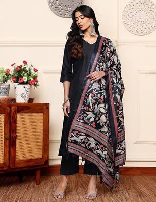 V-Neck Solid Straight Kurta with Trouser & Printed Dupatta 1