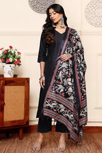 V-Neck Solid Straight Kurta with Trouser & Printed Dupatta