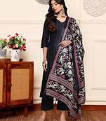 V-Neck Solid Straight Kurta with Trouser & Printed Dupatta