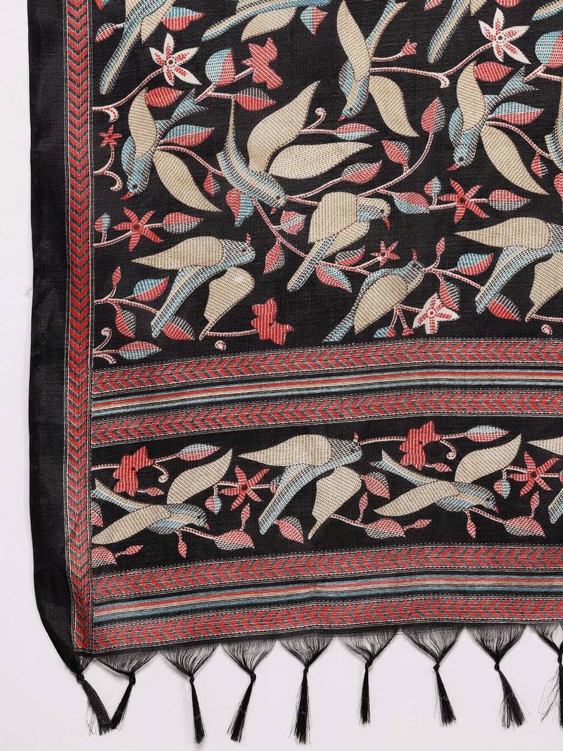 V-Neck Solid Straight Kurta with Trouser & Printed Dupatta