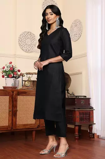 V-Neck Solid Straight Kurta with Trouser & Printed Dupatta