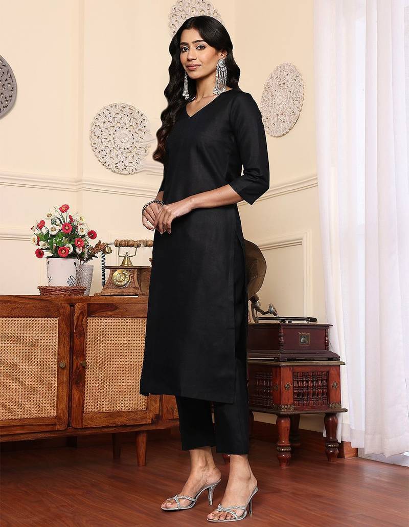 V-Neck Solid Straight Kurta with Trouser & Printed Dupatta