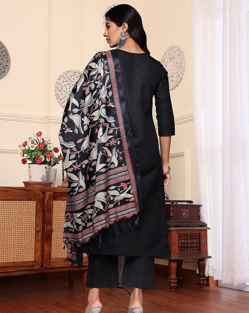 V-Neck Solid Straight Kurta with Trouser & Printed Dupatta