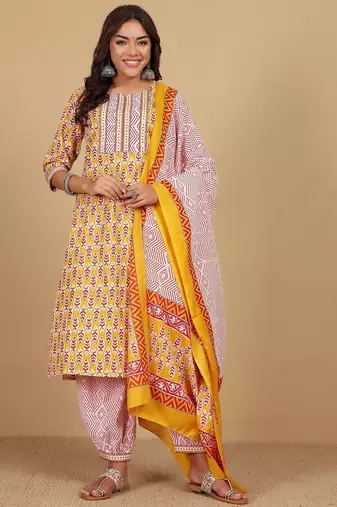 Floral Printed Notch Neck Straight Kurta With Salwar And Dupatta
