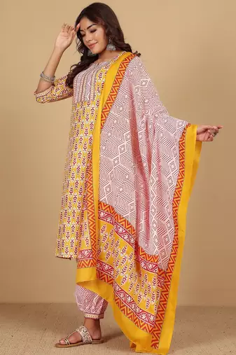 Floral Printed Notch Neck Straight Kurta With Salwar And Dupatta