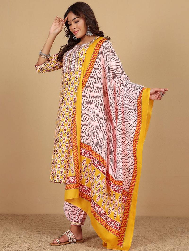 Floral Printed Notch Neck Straight Kurta With Salwar And Dupatta