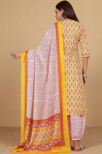 Floral Printed Notch Neck Straight Kurta With Salwar And Dupatta