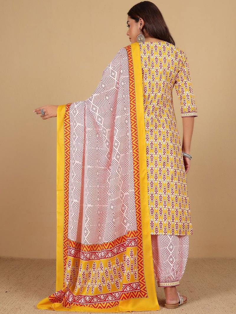 Floral Printed Notch Neck Straight Kurta With Salwar And Dupatta