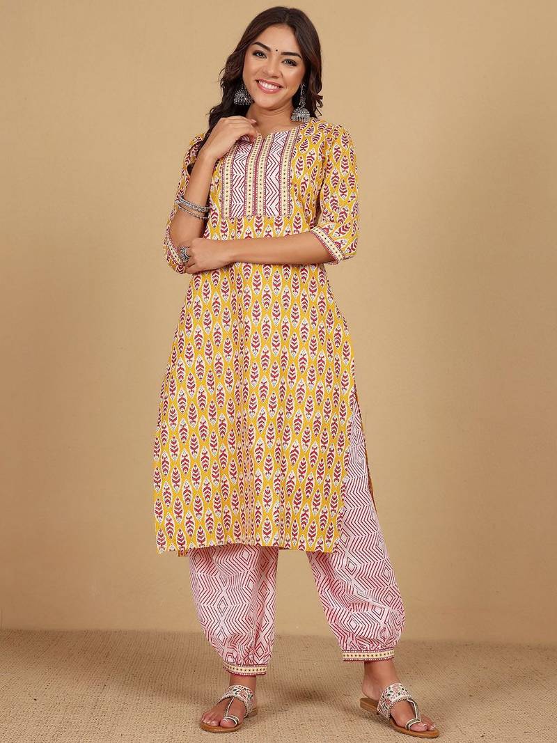 Floral Printed Notch Neck Straight Kurta With Salwar And Dupatta
