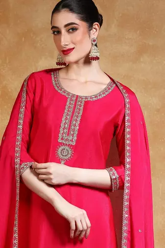 Women Floral Embroidered Kurta with Sharara & Dupatta