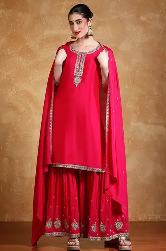 Women Floral Embroidered Kurta with Sharara & Dupatta
