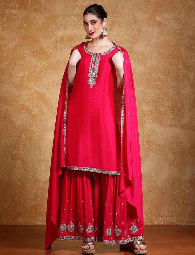Women Floral Embroidered Kurta with Sharara & Dupatta