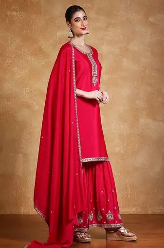 Women Floral Embroidered Kurta with Sharara & Dupatta