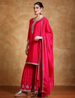 Women Floral Embroidered Kurta with Sharara & Dupatta 5