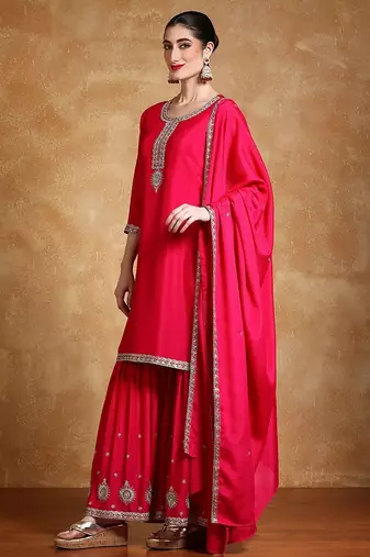 Women Floral Embroidered Kurta with Sharara & Dupatta