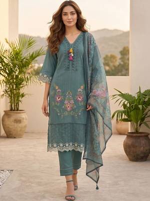 Women Floral Embroidered Regular Thread Work  Cotton Kurta with Trousers & With Dupatta 1