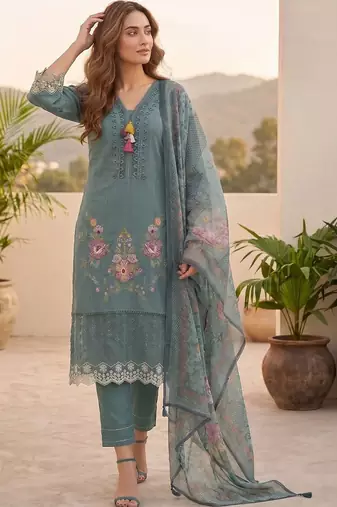Women Floral Embroidered Regular Thread Work  Cotton Kurta with Trousers & With Dupatta