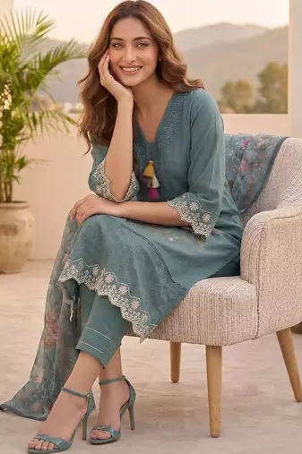 Women Floral Embroidered Regular Thread Work  Cotton Kurta with Trousers & With Dupatta