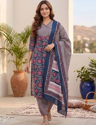 Women Floral Printed Regular Kurta with Trousers & With Dupatta 7