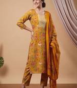 Women Floral Printed Regular Thread Work Kurta with Trousers & With Dupatta