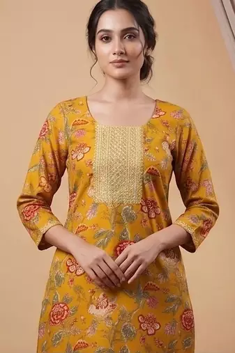 Women Floral Printed Regular Thread Work Kurta with Trousers & With Dupatta