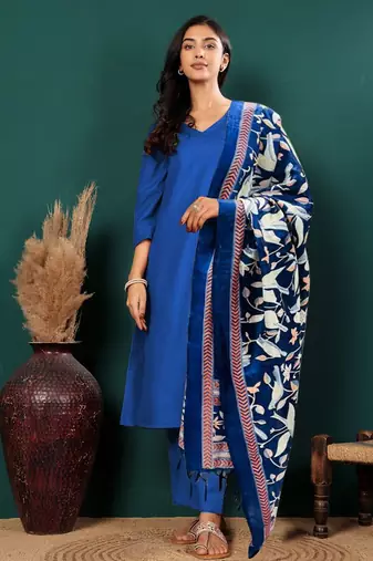 V-Neck Straight Kurta with Trousers And Dupatta