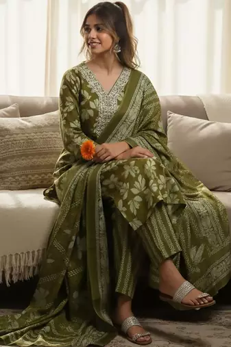 Floral Printed V-Neck Zari Work Straight Kurta With Trousers & Dupatta