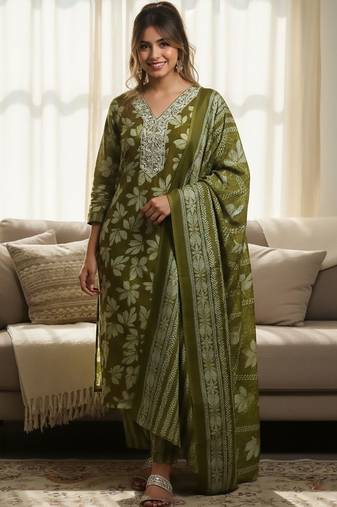 Floral Printed V-Neck Zari Work Straight Kurta With Trousers & Dupatta