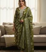 Floral Printed V-Neck Zari Work Straight Kurta With Trousers & Dupatta