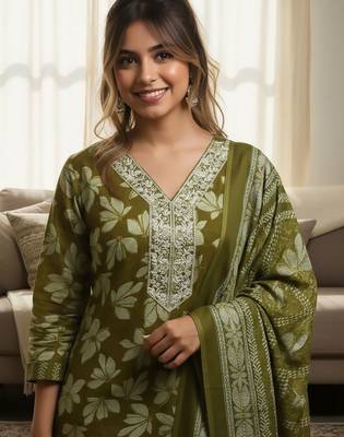 Floral Printed V-Neck Zari Work Straight Kurta With Trousers & Dupatta 3
