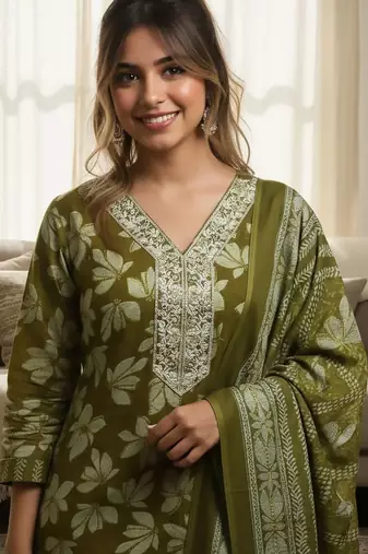Floral Printed V-Neck Zari Work Straight Kurta With Trousers & Dupatta