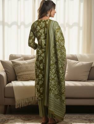 Floral Printed V-Neck Zari Work Straight Kurta With Trousers & Dupatta 4