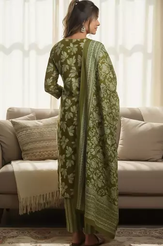 Floral Printed V-Neck Zari Work Straight Kurta With Trousers & Dupatta