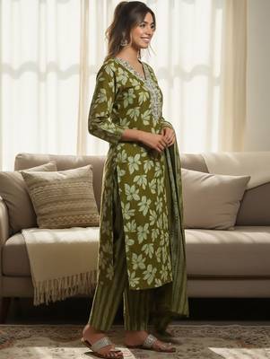 Floral Printed V-Neck Zari Work Straight Kurta With Trousers & Dupatta 5