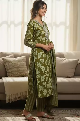 Floral Printed V-Neck Zari Work Straight Kurta With Trousers & Dupatta