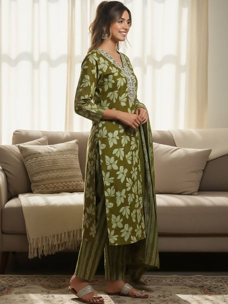 Floral Printed V-Neck Zari Work Straight Kurta With Trousers & Dupatta
