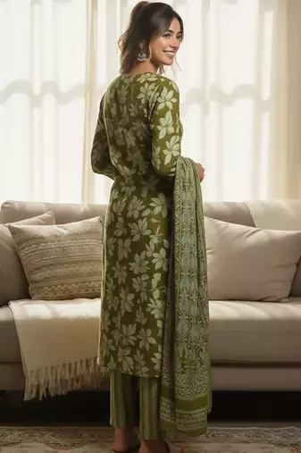 Floral Printed V-Neck Zari Work Straight Kurta With Trousers & Dupatta