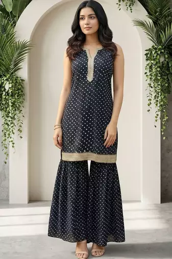 Women Ethnic Motifs Printed Regular Thread Work Kurta with Sharara